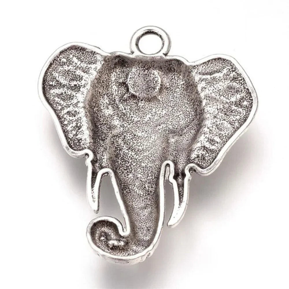 Large Carved Indian Elephant Antique Silver Plated Pewter Metal Pendant